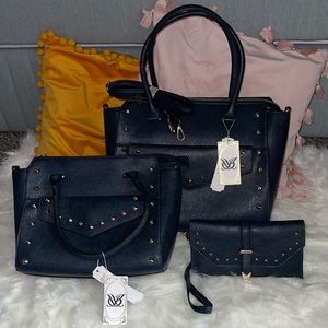 3-n-1 Navy Studded Purse Set with Wallet NWT